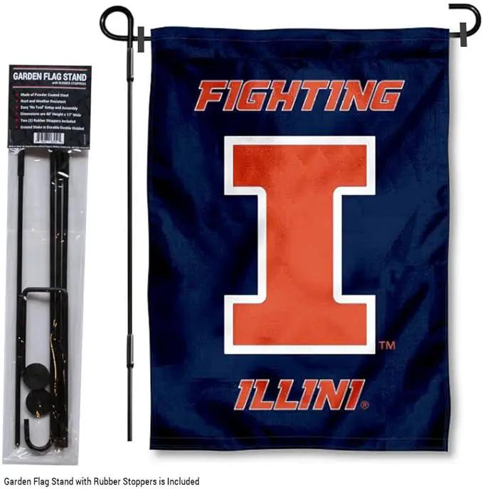 College Flags & Banners Co. Illinois Fighting Illini Garden Flag with Stand Holder by GreenHaven Gardens