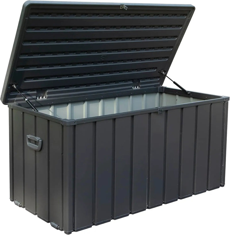 KUIKUI 100 Gallon Deck Box Waterproof, 100 Gallon Outdoor Storage Box, Metal Deck Box Waterproof for Pool Patio Cushions and Sports Pools Equipment, Dark Gray by GreenHaven Gardens