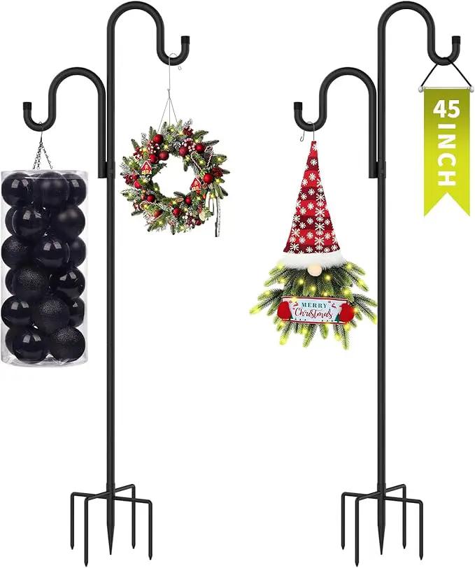 Double Shepherds Hooks for Outdoor, Bird Feeder Pole with 5 Prongs Base, Heavy Duty Garden Hook for Lantern, Wind Chime and Hummingbird Feeder, 45 Inch, 2 Pack by GreenHaven Gardens