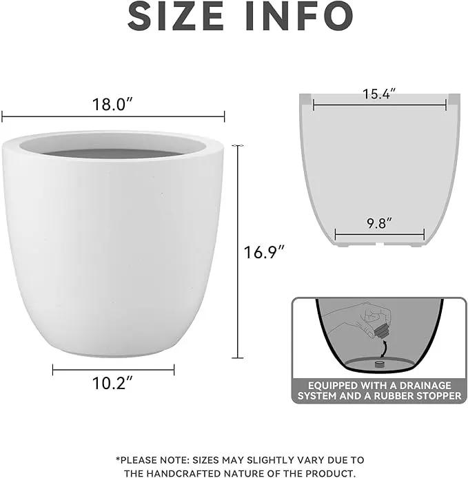 Kante 18 Inch Dia Round Concrete Planter, Indoor Outdoor Large Plant Pot with Drainage Hole and Rubber Plug for Home Patio Garden, Pure White by GreenHaven Gardens