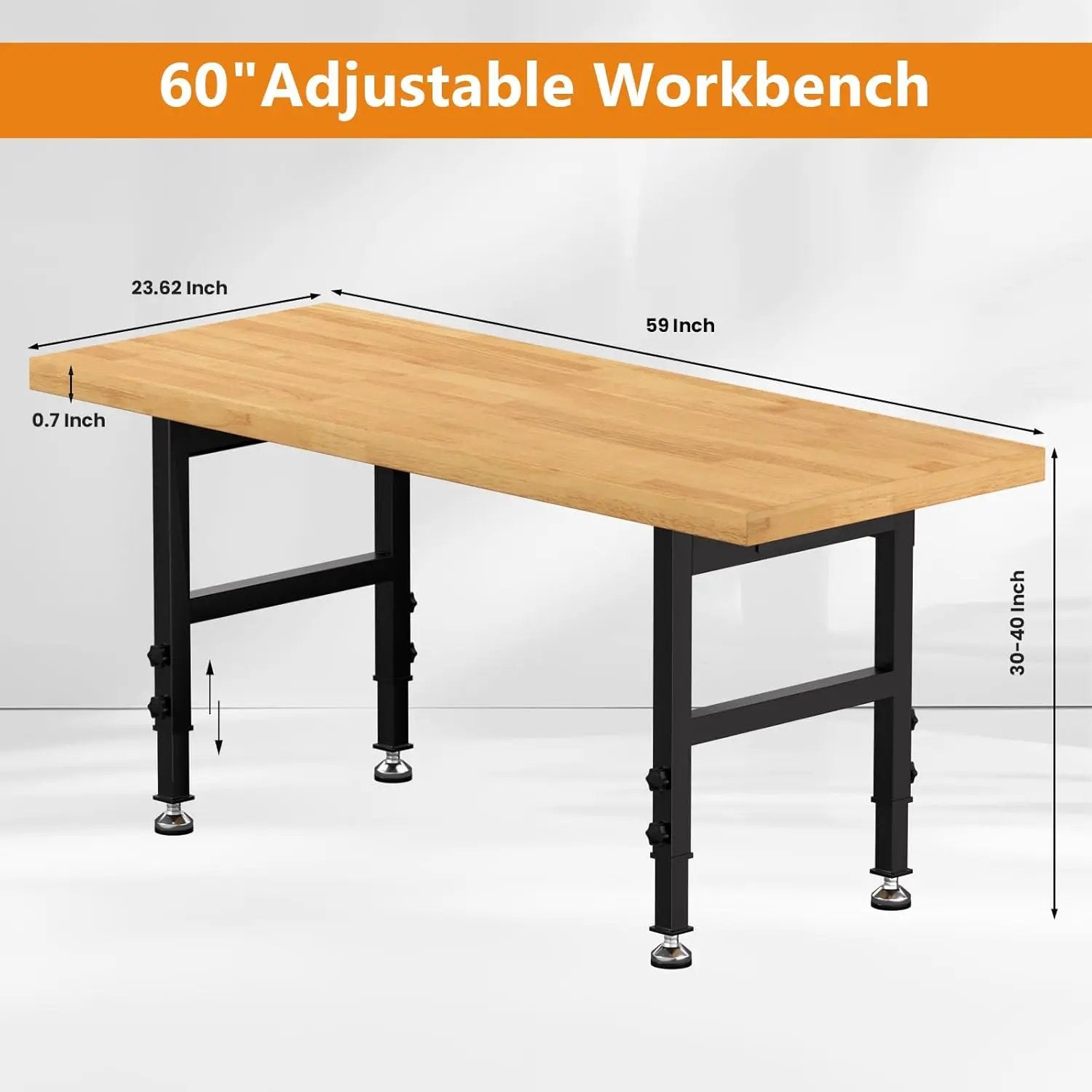60" Work Bench, Adjustable Height Workbench with Rubber Pad, Heavy-Duty Work Table with Power Outlets, 2000 LBS Capacity Workstation for Garage, Workshop, Office, Home by GreenHaven Gardens
