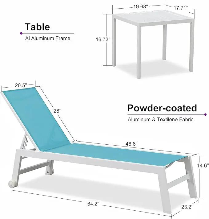 PURPLE LEAF Lounge Chair Outdoor Set of 4 White Aluminum Lounge Chairs with Wheels and Table Outdoor Chaise Lounge for Patio Pool Yard, Turquoise by GreenHaven Gardens