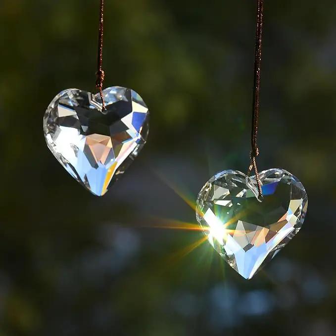 2PCS Heart Crystal Sun Catcher Prisms, STINO Hanging Suncatchers with Glass Prism Decor, Rainbow Maker for Windows, Room, Kitchen, Garden Crystal Decor (1, Heart Clear 2Pcs) by GreenHaven Gardens