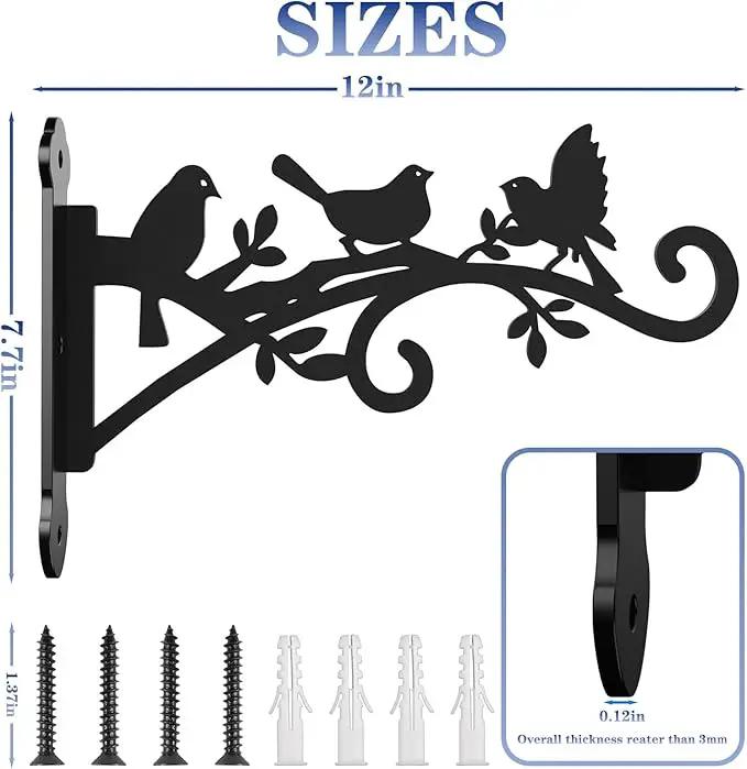 Metal Hanging Plant Bracket with Birdie Pattern 2 Pack – Heavy Duty Plant Hooks for Hanging Flower Baskets，Plants, Bird Feeder, Wind Chime - Indoor/Outdoor Use，Black Matte Texture (12 in) by GreenHaven Gardens