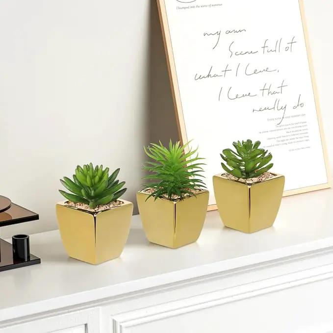 Hollyone Small Succulents Artificial 3 Pcs Faux Succulents with Gold Pots Mini Fake Succulent Plants Indoor Plant Ceramic Pots for Modern Office Desk Bathroom Shelf Living Room Home Decor