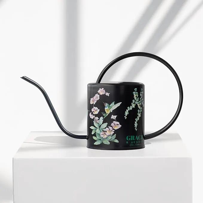 Watering Can for Indoor House Plants - Cute Decorative Metal Gardening Small Water Can for Houseplants & Flowers with Long Spout - 1.5L 51floz 0.4 Gallon (Hummingbird Black) by GreenHaven Gardens
