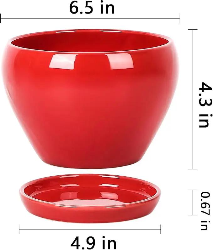 vicrays Ceramic Plant Pots Indoor - 6.5 Inch Planter Pot with Drainage Hole and Saucer for Succulent Orchid Flower Herbs Cactus - Ideal for Gardening Home Desktop Office Decor - Red by GreenHaven Gardens