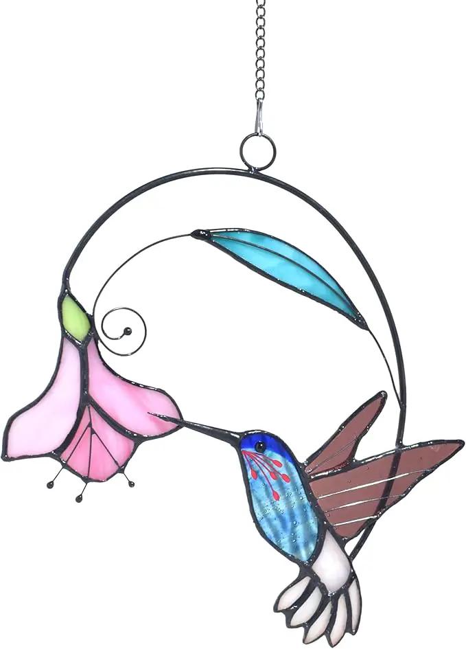 Lolitarcrafts Stained Glass Hummingbird Window Hangings with Flowers, Bird Stained Glass Suncatcher for Window Decor Hummingbird Gifts for Mom,Bird Lovers (Blue with Flower B) by GreenHaven Gardens