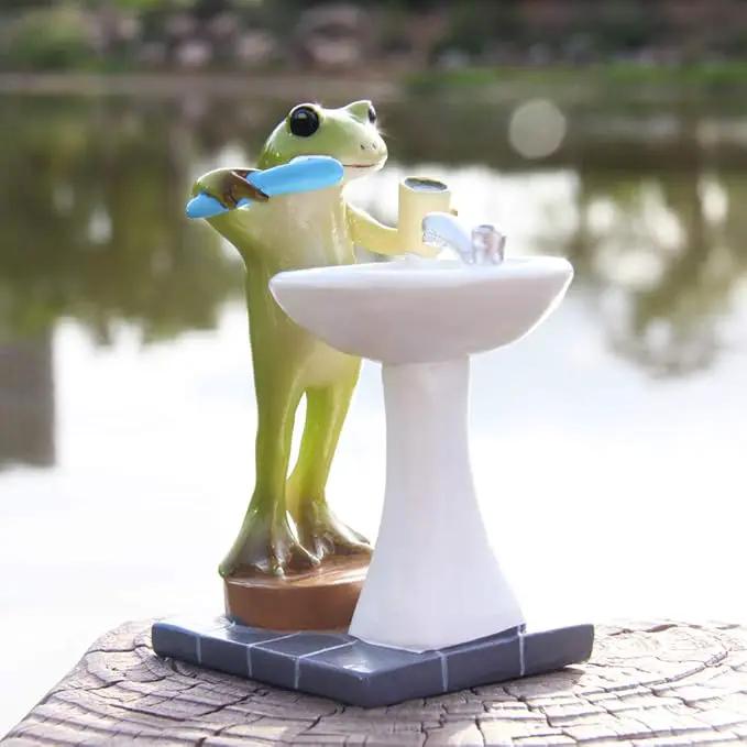 Tfro & Cile Frog Garden Statue Decor Miniature Animal Figurine Outdoor Fairy Brushing Teeth Sculpture for Bathroom - 3.3 Inch Height