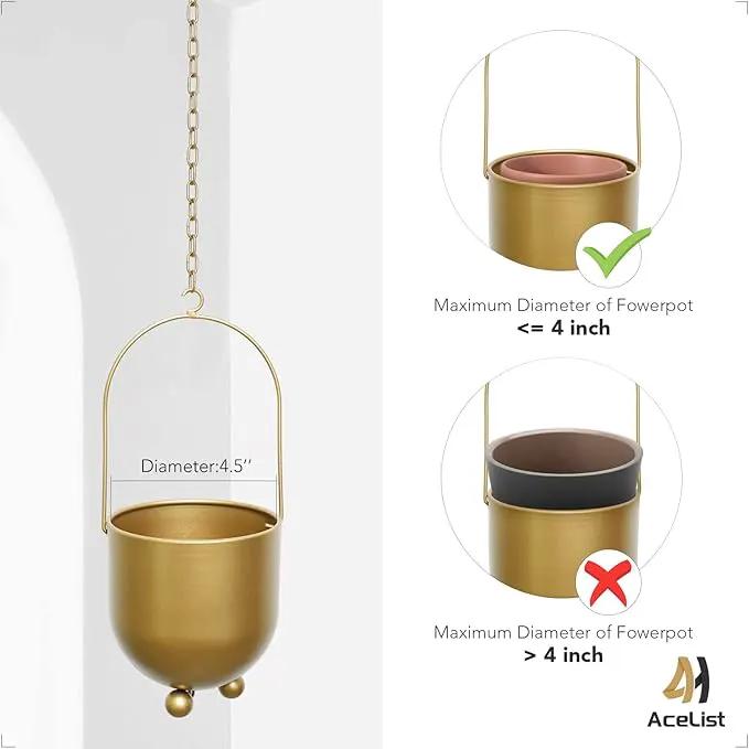AceList Boho Gold Metal Hanging Planters, Set of 2 with Hooks & Chains - Versatile Wall & Ceiling Plant Hangers for Indoor/Outdoor Décor by GreenHaven Gardens