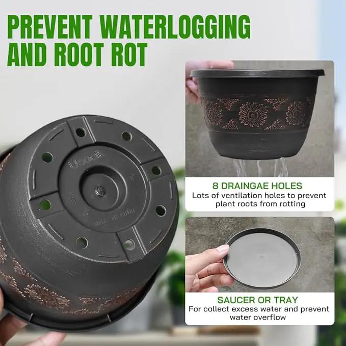 4 Pack 10 inch Plant Pots, Retro Pattern Planters with Drainage Holes and Saucer, Sturdy Plastic Garden Flower Pots for Indoor & Outdoor Plants by GreenHaven Gardens