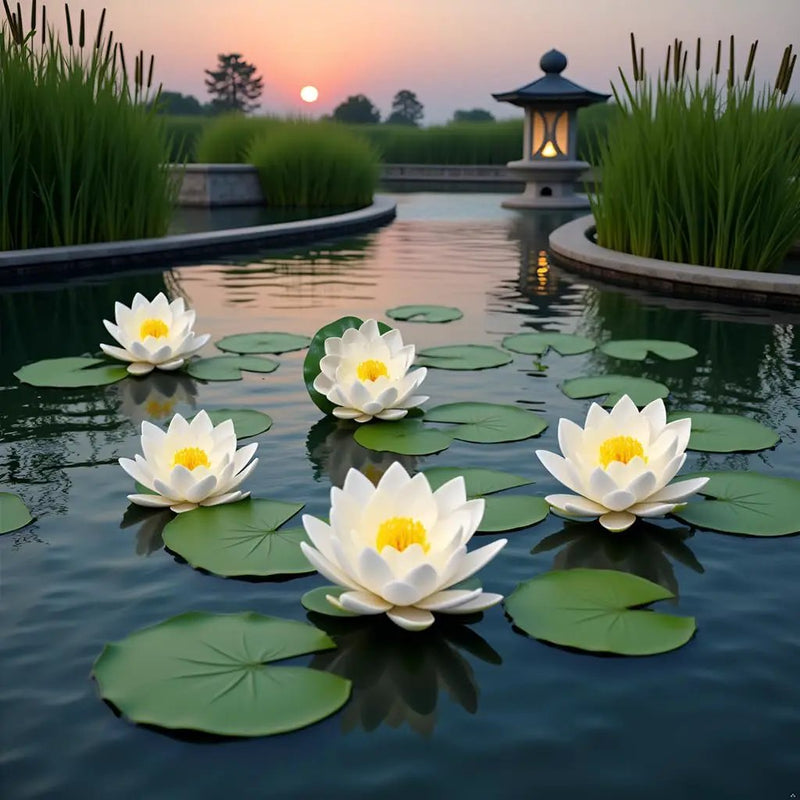 6 Pcs White Artificial Lotus Flowers Large Floating Lotus Flowers Faux Flowers Water Lily Flowers Fish Pond Plants with Artificial Lily Pads, Home Decor Flowers by GreenHaven Gardens