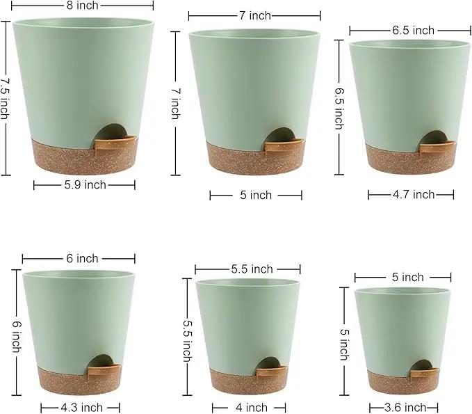Indoor Self Watering Planters with Drainage Holes and Saucers, 8, 7, 6.5, 6, 5.5, 5 Inches, Green, 6 Pots by GreenHaven Gardens