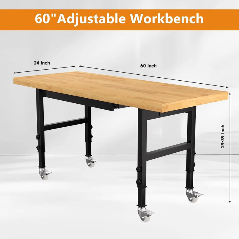 Solid Wood 60" Work Bench with Wheels, Heavy-Duty Workbench with Drawers, Adjustable Height Work Table with Power Outlets, 2000 LBS Capacity Workstation for Garage, Workshop(60" X 24") by GreenHaven Gardens