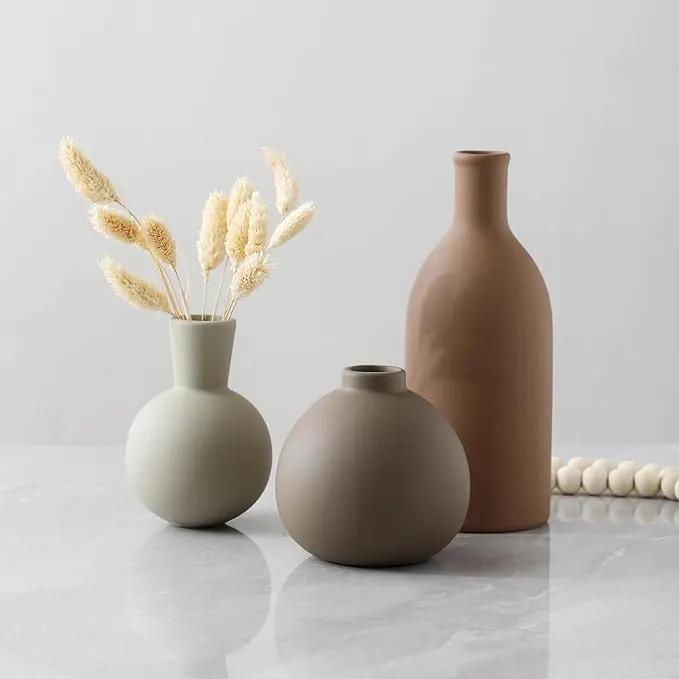 Ceramic Vase Set of 3, Vases Home Decor Rustic Farmhouse Decorative Vase Pottery Vases for Bouquet Pampas Grass Dried Fresh Flowers, Table Living Room Kitchen Bedroom Bathroom - Brown by GreenHaven Gardens