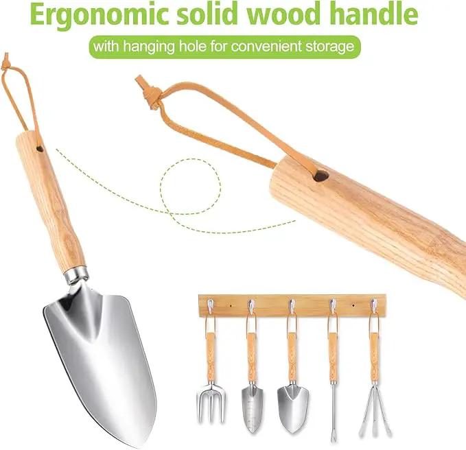 Garden Tools 5-Pieces, Heavy Duty Gardening Hand Tools with Wooden Handle, Canvas Gloves, Stainless Steel Material, Rust-Proof Garden Tool Set, Ideal Gardening Gifts for Women by GreenHaven Gardens