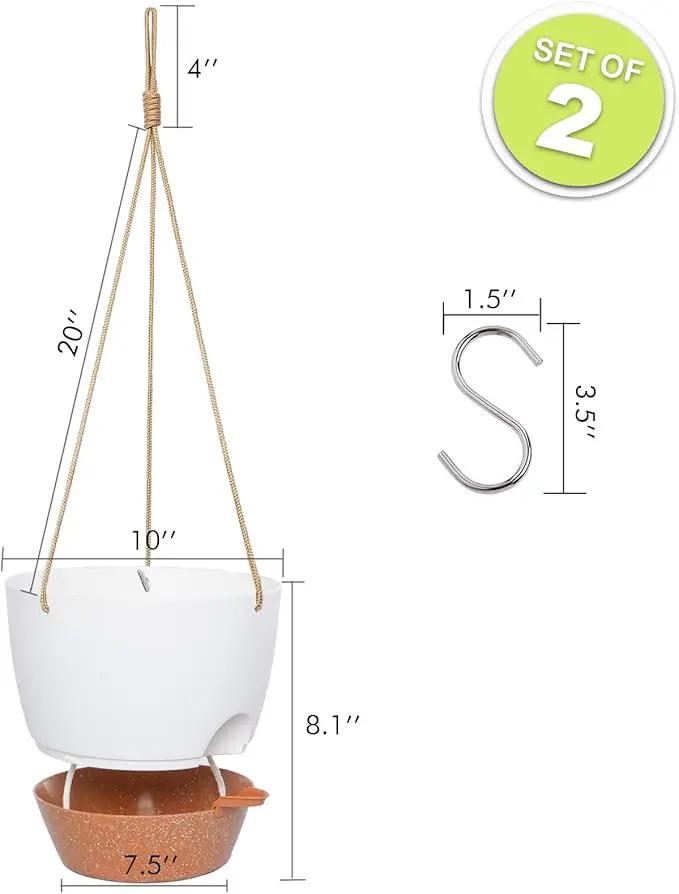 10 Inch Self Watering Hanging Pots, 2 Pack Hanging Planters with 40oZ Deep Reservior for Indoor Outdoor Plants Flowers, White with Brown by GreenHaven Gardens