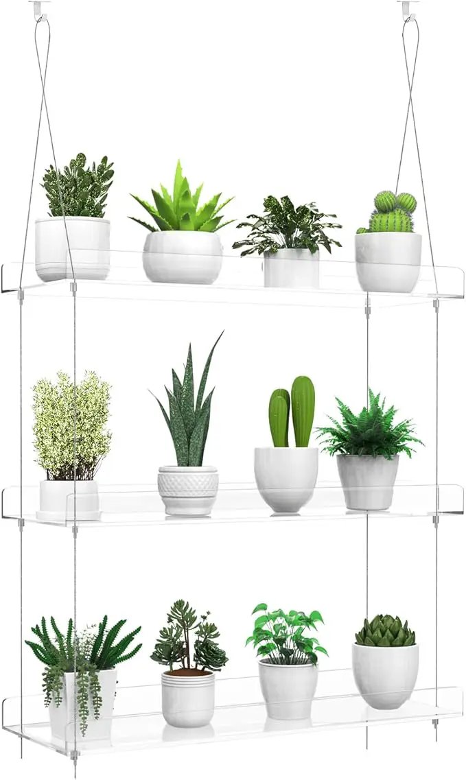 3-Tier Hanging Clear Plant Shelves for Windows, Acrylic Window Wall Plant Stand Shelf for Kitchen Indoor Gardens, Flower, Succulents, Herb, Seedling Organization, and Pots Display, 16 Inch per Tier by GreenHaven Gardens