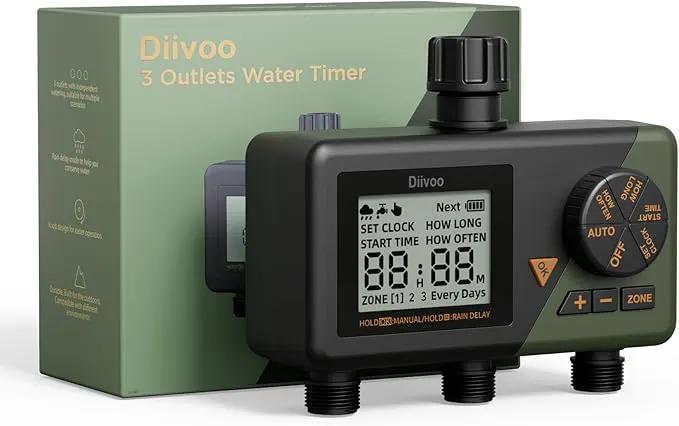 Diivoo Sprinkler Timer 3 Zone, Water Hose Timer 3 Outlet for Garden, Programmable Automatic Irrigation Timer with Rain Delay and Manual/Auto Mode Watering IP54 for Lawn, Yard, Pool by GreenHaven Gardens