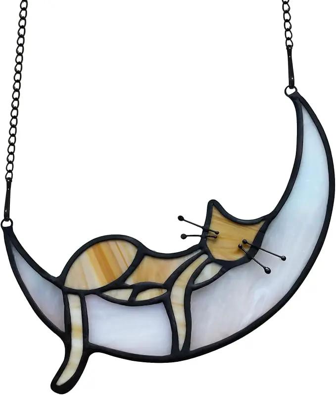 BOXCASA Sleeping Cat Stained Glass Windown Hanging,Yellow Cat on Moon Beautiful Handcrafted Sun Catcher Gifts for Daughter,Mothers Day,Christmas and Cat Lover by GreenHaven Gardens