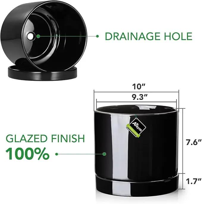 Aveyas 10 inch Ceramic Plant Pot with Drainage Hole and Saucer - Suitable for Indoor and Outdoor Use, Modern Planters for House Garden Flower Tree Snake Monstera Plants (10", Glossy Black) by GreenHaven Gardens
