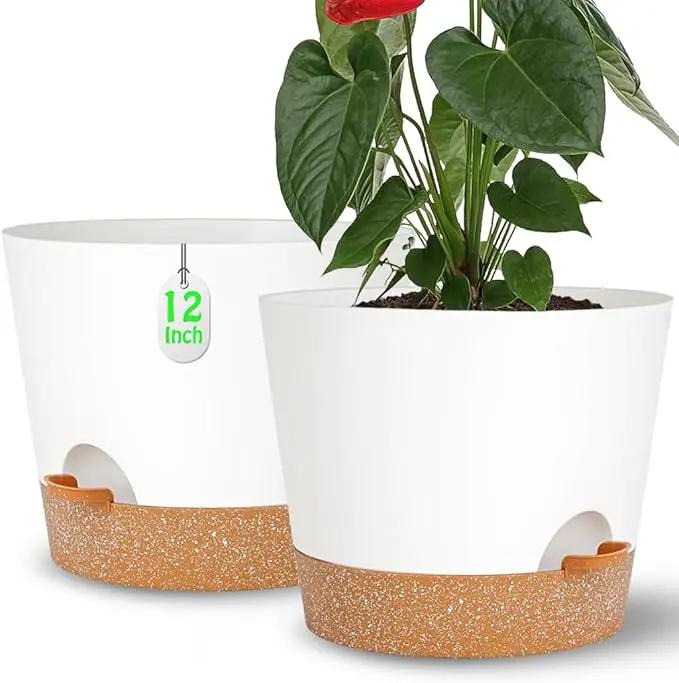 12+12Inch 2Pack Large Flower Pots for Indoor/Outdoor Plants,Self Watering Planters with Reservoir and Drainage Hole White Plastic Planting Pots Modern Home Decor Gift Idea by GreenHaven Gardens