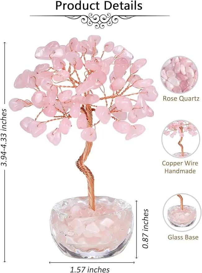 Jovivi Small Rose Quartz Crystal Tree, Natural Crystal Healing Stones Tree Glass Bowl Base Gemstone Money Trees Feng Shui Good Luck Home Desk Decor by GreenHaven Gardens