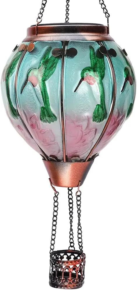 Hot Air Balloon Solar Lantern with Flickering Flame Hanging Solar Lanterns Outdoor Lights Waterproof Lanterns Decorative Garden Patio Yard Party Decor Hummingbirds&Pink Flowers by GreenHaven Gardens