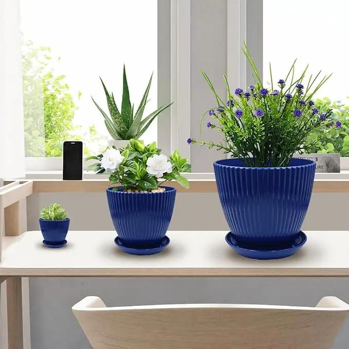 7.5/6.5/5.5/4.9/4.2/3.5 Inches Plant Planters 6 Pack, Thick Sturdy Plastic Pots for Plants, Indoor/Outdoor 6 Sizes Flower Pots with Drainage Holes and Saucers (6 Sizes,Dark-Blue) by GreenHaven Gardens