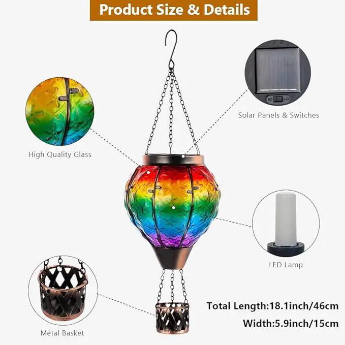 DREAMSOUL Rainbow Hot Air Balloon Solar Lantern, Metal & Glass With Flickering Flame, Hanging Waterproof Outdoor Lantern for Lawn, Patio, Tree Decor, Christmas Gifts by GreenHaven Gardens