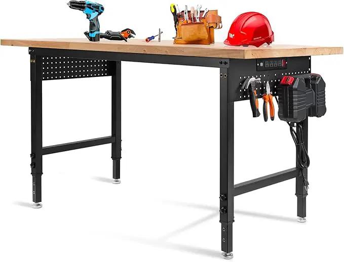 Height Adjustable Workbench 60”×22” Heavy Duty Work Table 2000 LBS Load Capacity Rubber Wood Work Station with Power Outlet & Pegboard for Garage, Office, Workshop, Home, Party Shop by GreenHaven Gardens