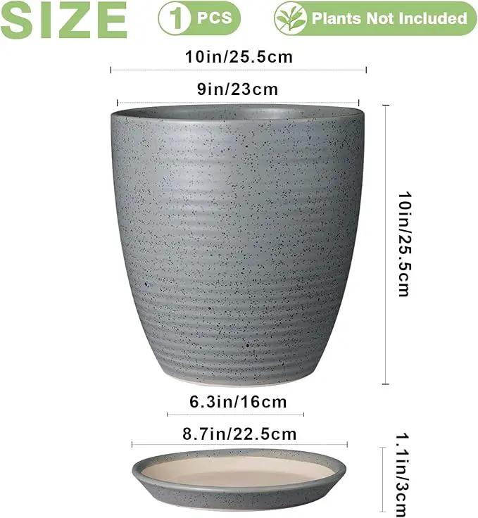 10 Inch Plant Pot, Ceramic Planters for Indoor Plants with Drainage and Saucer, Large Flower Pot for Home and Garden Decor, Light Gray by GreenHaven Gardens