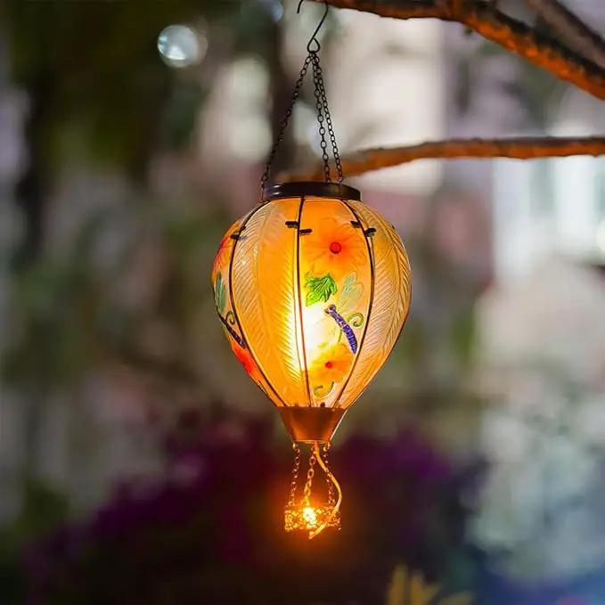 Starsoul Large Solar Hot Air Balloon Lantern with Flame Dragonfly Glass Hanging Outdoor Hot Air Balloon Solar Light Waterproof Garden Patio Yard Party Decorations by GreenHaven Gardens