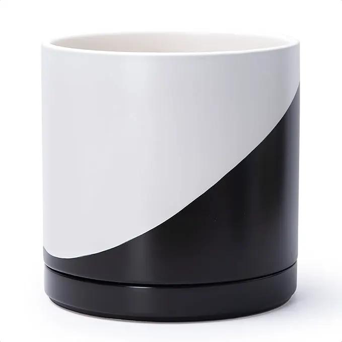 D'vine Dev 12 Inch Ceramic Planter Pot with Drainage Hole and Saucer, Indoor Cylinder Round Planter Pot, Oblique Monochrome Black and White, 94-O-F-K by GreenHaven Gardens
