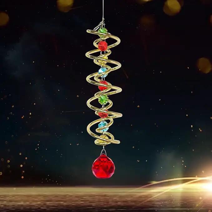 FONMY Gazing Ball Spiral Tail -Decorative Wind Spinner Sun Catcher Rainbow Maker Golden Double-Spiral W/Red Crystal Ball and Chain Crystals Beads for Indoor Outdoor Garden Decoration -14 inch Height by GreenHaven Gardens
