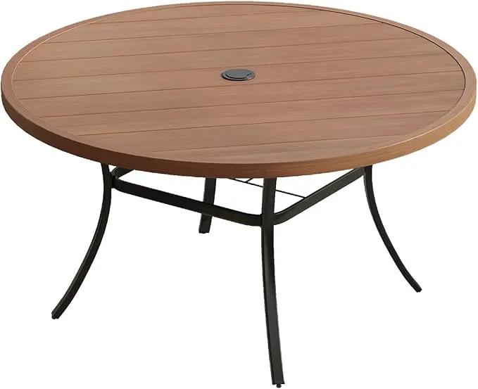 VICLLAX 53" Outdoor Round Patio Table for Lawn Garden, All Weather Metal Round Patio Dining Table with Adjustable Umbrella Hole, Patio Table for 8 Person, Walnut Tabletop by GreenHaven Gardens