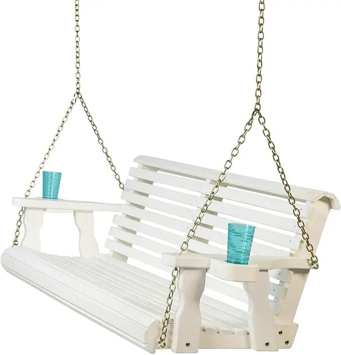 Amish Casual 4 Foot Roll Back Porch Swing with Cup Holders in Semi-Solid White Stain - Amish Made in The USA from Treated Pine Heavy Duty 700 Lb. Weight Capacity by GreenHaven Gardens