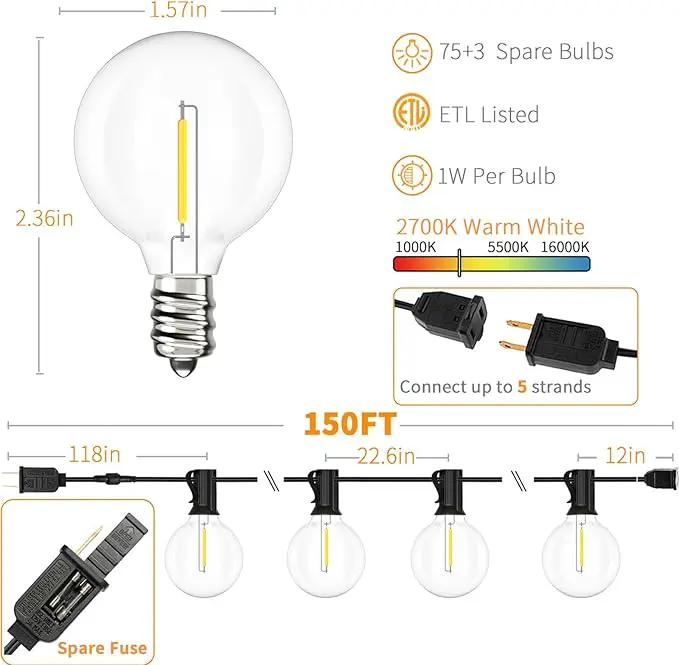 Svater Outdoor String Lights 150 FT, Patio Light with 78 Shatterproof LED Bulbs, Outside Plastic Hanging G40 Globe Lights for Cafe Market Bistro Backyard, Dimmable Warm White 2700K by GreenHaven Gardens