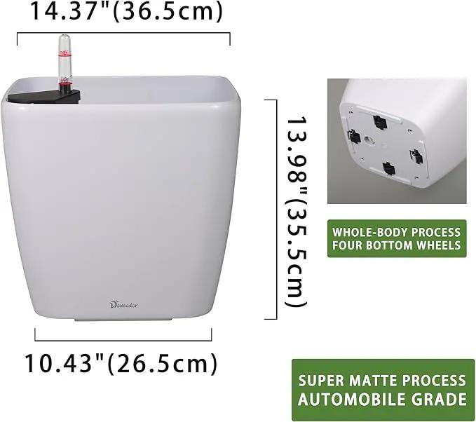 Dexceder 15x14 Self Watering Planter with Wheels Indoor Outdoor, Inner Mat Design, Thickened Large Floor Standing Flower Plant Pot with Water Level Indicator (White Matte) by GreenHaven Gardens