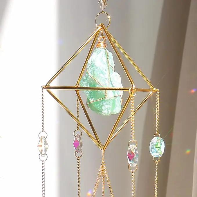 Green Fluorite Crystal Suncatcher Window Hanging Pendant Glass Prisms Decor Wind Chime Rainbow Sun Catcher for Home Garden Porch by GreenHaven Gardens
