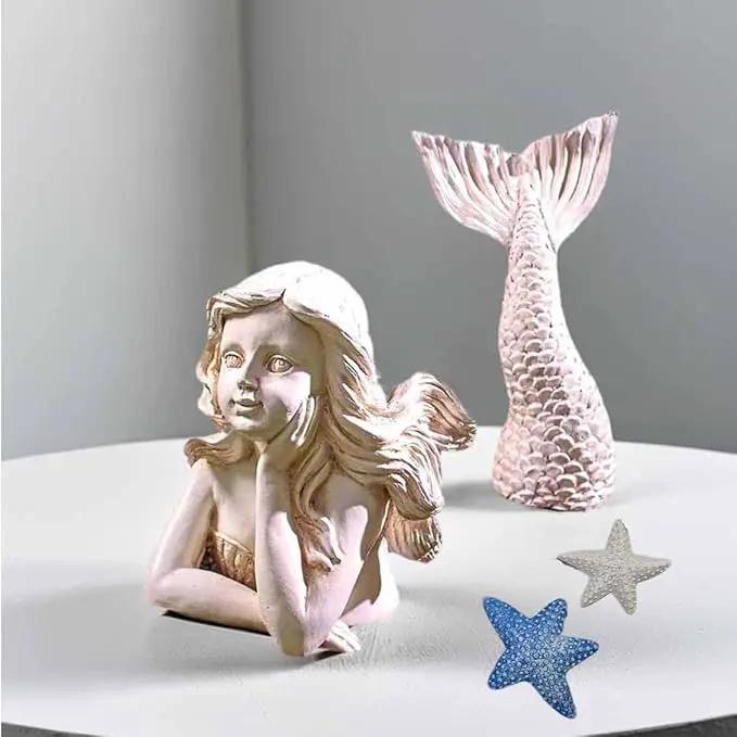 BGBWBFBR Handmade Mermaid Statue Set with Blue and White Starfish: A Beautiful Addition to Your Home Décor, ry-001 by GreenHaven Gardens