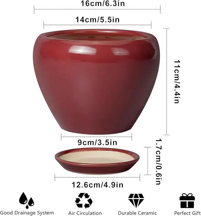Ceramic Pot for Plants - 6 Inch Plant Pot Indoor with Drainage Hole and Saucer Succulent Outdoor Planter Round Flower Pot for House Patio Decor Red by GreenHaven Gardens