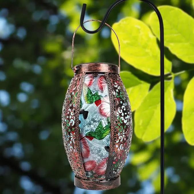 2PCS Hummingbird Solar Lanterns Glass & Metal Hanging Light Outdoor Waterproof 16" H Tabletop Lamp with Hollowed-Out Design with Shepherd's Hooks for Garden Patio Table Decor by GreenHaven Gardens