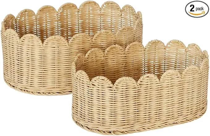 BEBE BASK Premium Scalloped Basket Set Of 2 - Scallop Basket - 16 x 10 x 7 Inch - Hand-Woven Elegant Wicker With Scalloped Edge - Nursery Storage (Natural) by GreenHaven Gardens