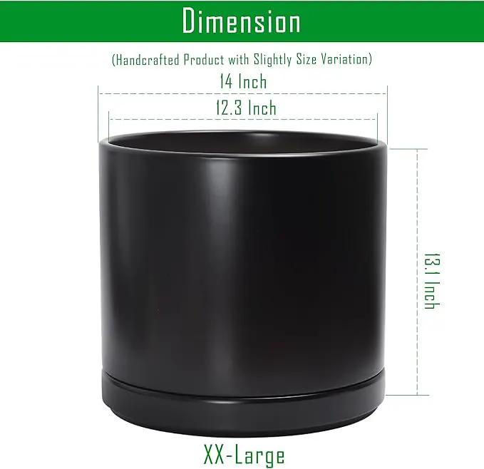D'vine Dev 14 Inch Ceramic Planter Pot with Drainage Hole and Saucer, Indoor Cylinder Round Planter Pot, Black, 94-O-G-2 by GreenHaven Gardens