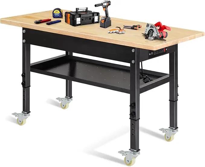 48"/60'' Adjustable Workbench, Rubber Wood Top Work Bench Heavy-Duty Work Table with Power Outlet, Wheels, Partition 2000 LBS Load Capacity Hardwood Work Benches for Garage, Workshop, Home, Office by GreenHaven Gardens
