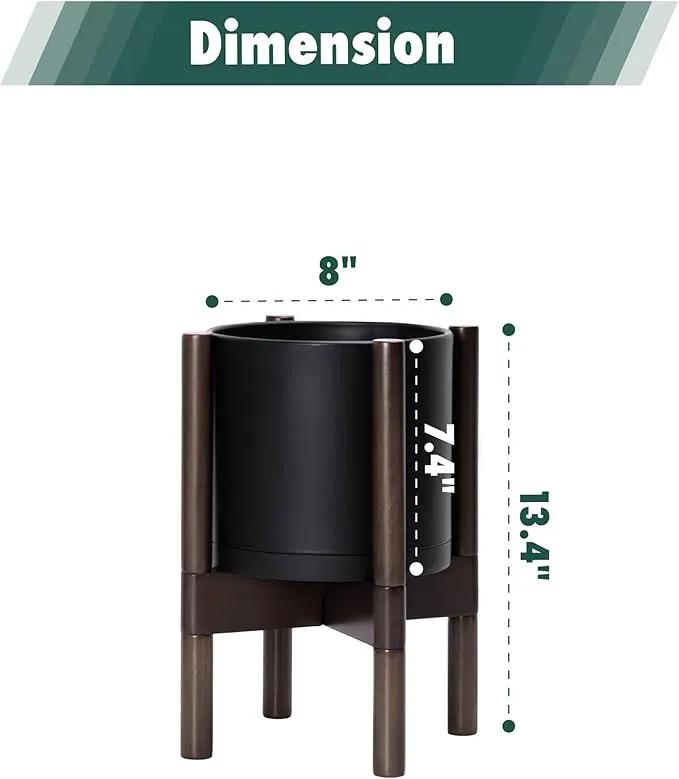 D'vine Dev Planter Pot with Stand - 8 Inch Plastic Cylinder Flower Pot with Wood Planter Holder for Indoor, Matte Black Pot + Walnut Color Stand, 55-C-I-2 by GreenHaven Gardens