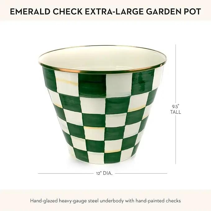 MACKENZIE-CHILDS Enamel Garden Pot, Decorative Pot for Plants, Outdoor Flowerpot Decor, Extra Large, Green-and-White Emerald Check by GreenHaven Gardens
