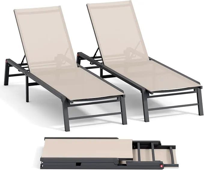 Aluminum Chaise Lounge Chair Outdoor, Foldable Patio Lounge Chair 2 Sets Assemble-Free, Pool Lounge Chairs with 5 Adjustable Backrest, Outdoor Lounge Chairs for Outside Poolside Beach Lawn Beige by GreenHaven Gardens