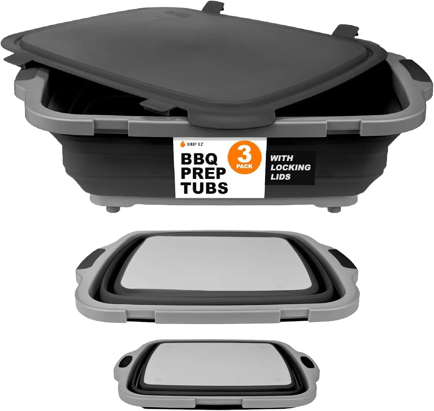 Drip EZ Collapsible BBQ Prep Tubs 3-Piece Set- For Meal Prep Marinating Food Storage - Includes Cutting Board & Lid - (1) JR + (1) OG + (1) XL - Black by GreenHaven Gardens